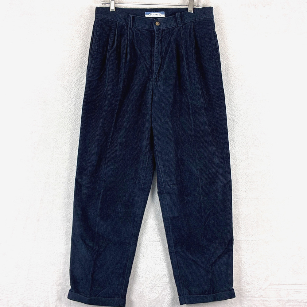 VTG Old Navy Pants Mens 32x30 Navy Corduroy Pleated Cuffed Baggy Skate 90s Y2K